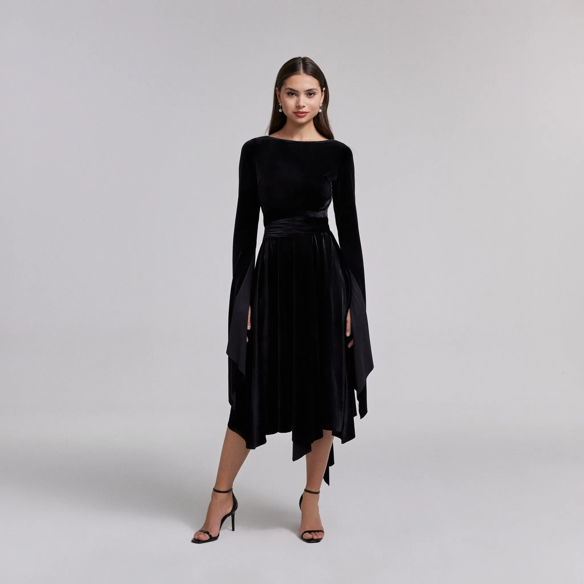Black Cape Sleeve Twist-Waist Velvet Dress