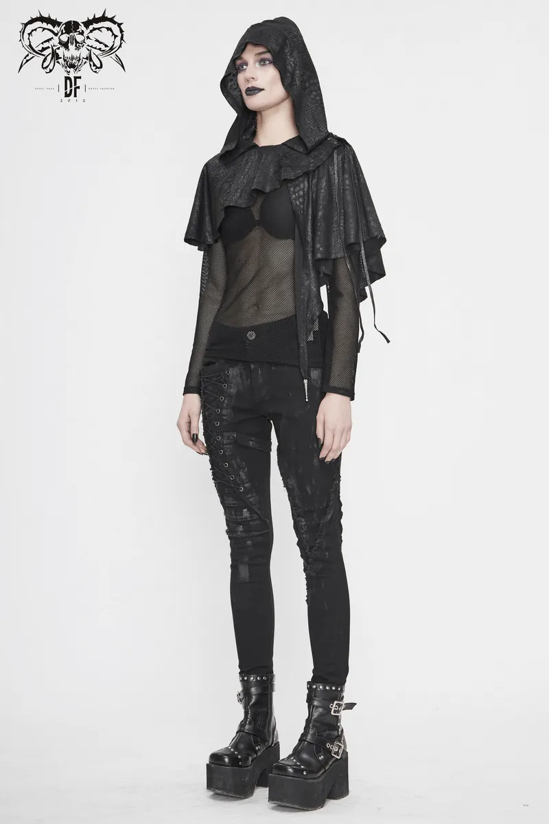 Gothic Punk Asymmetrical Hooded Cape / Women's Black Short Cape With Lace-up